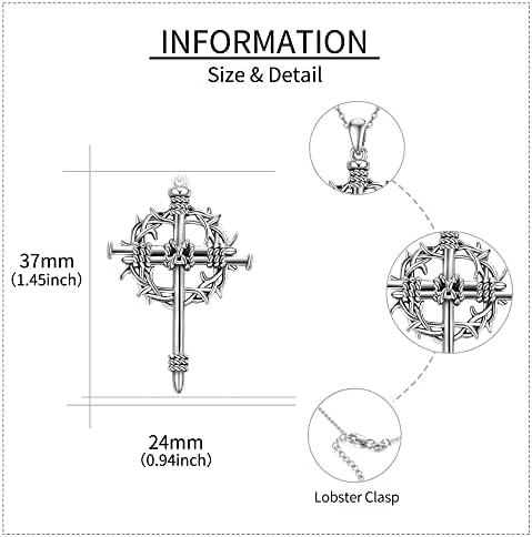 ONEFINITY Nail Cross Necklace 925 Sterling Silver Thorns Crucifix Pendant Religious Jewelry Cross Gifts for Men Women