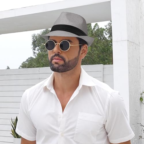 Image of Straw Trilby Fedora Hat for Men Women 1920s Panama Hat Short Brim Summer Beach Sun Hat with Band