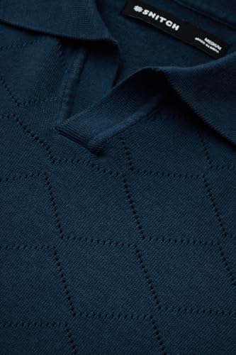 Image of SNITCH Men Knitted Polo T-Shirt | Geometric Pointelle Textured Knit & V-Placket Polo Collar | 100% Cotton Breathable Summer Knit, Casual Resort Wear