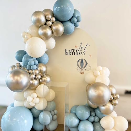 Image of Dusty Blue and Gold Balloons 60 Pcs, 12 Inch Dusty Baby Blue Chrome Gold Balloon Cream Sand White Balloon for Boy Baby Shower Decorations Bridal Shower Gender Reveal Boho Birthday Party Supplies