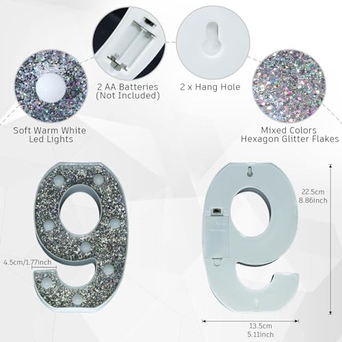 Image of Light Up Letters, Marquee Light Letter for Table Decorations, Glitter Light Up Signs for Prom, Events, or Engagement Party Decor, Featuring Alphabet & Number Lighted Letters, Number 9