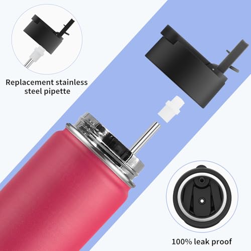 Image of koodee Water Bottle 22 oz Stainless Steel Vacuum Insulated Wide Mouth Water Bottle with Straw Lid, Reusable Metal Sports Water Flask BPA Free(Canyon Red)