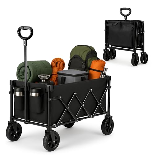 Voyager 100L Heavy Duty Festival Trolley on Wheels, Collapsible Beach Wagon, Portable Camping Cart with Adjustable Handle, Foldable Outdoor Trolley, 80kg Capacity with Drink Holder, Black