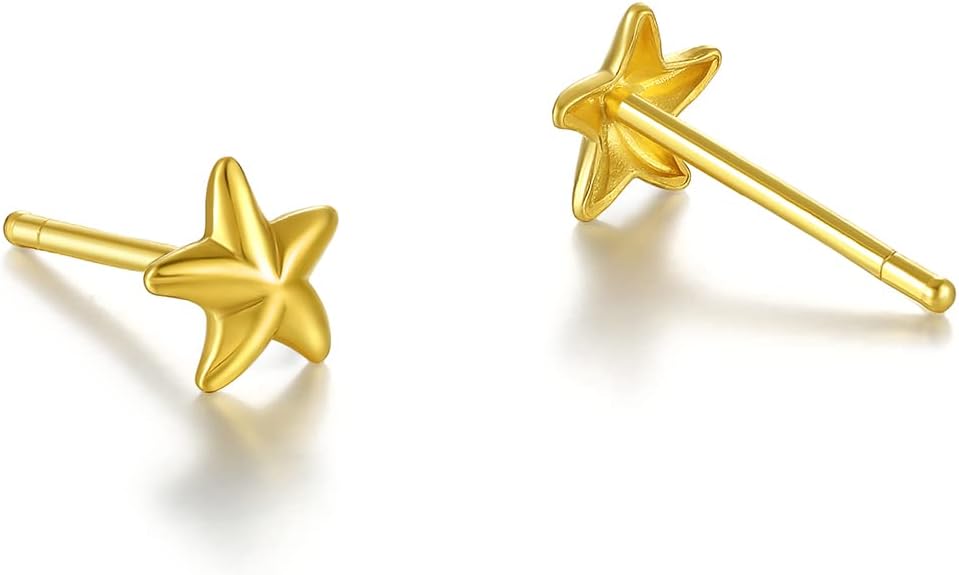 999 24K Gold Earrings for Women Hypoallergenic Gold Stud Earrings Lightweight Fashion Small Star Earrings for Mom Girlfriend