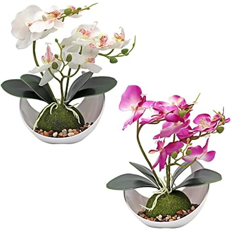 BREUAILY 2Pcs Artificial Orchid Flowers in White Vase Faux Silk Phalaenopsis Bonsai Fake Plants Indoor Orchid Flowers Ornaments Home Table Arrangements Living Room Party Decor (Purple + White) Cover