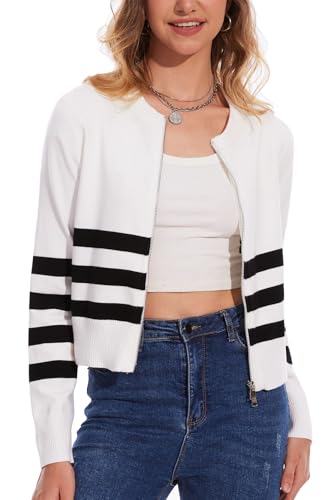 Image of MISS MOLY Women's Striped Cardigan Sweaters Full Zip Trendy Long Sleeve Round Neck Dressy Casual Knit Pullover Sweater White XS