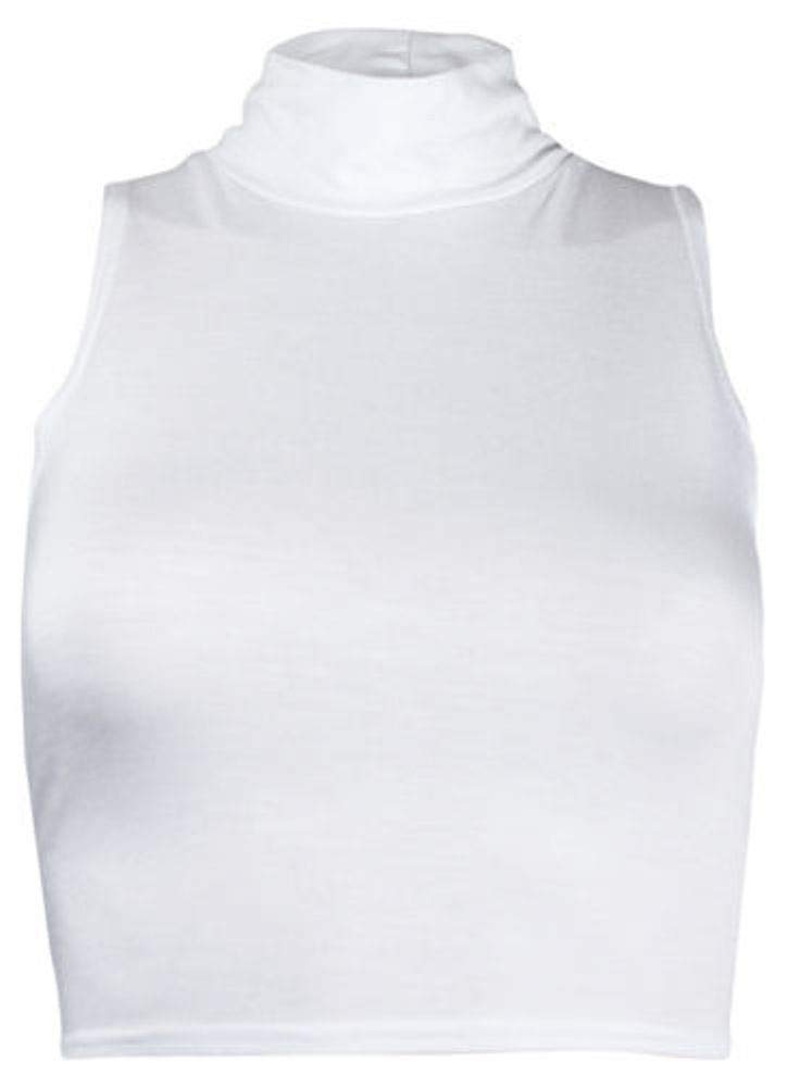 Wearall Women's White Turtle Neck Crop Short Plain Sleeveless Polo Look Vest Top - 8/10