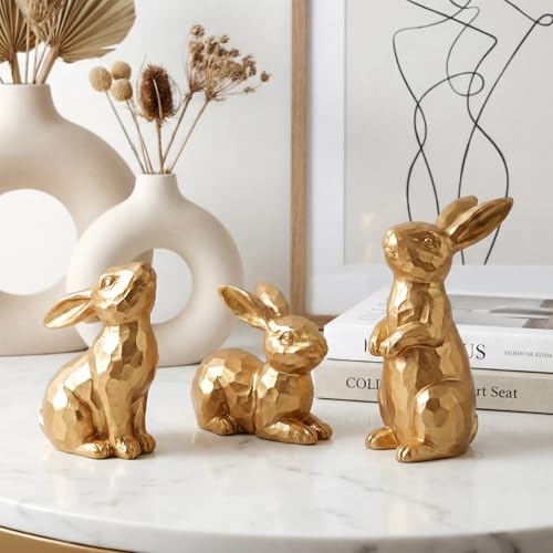 TACROART Large Gold Easter Bunny Decor, Set of 3 Geometric Resin Rabbit Figurines (Up to 6.2" Tall) - Modern Spring Table Centerpiece, Animal Statues for Home Office Mantel Shelf & Gift Idea