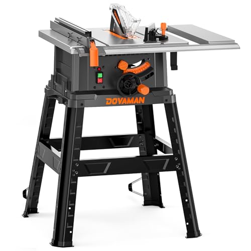 DOVAMAN DTS10A Table Saw, 10-Inch 15A Table Saw/W Stand, Max Cutting Height: 2.48" (45°) / 3.35" (90°), 5300 RPM Copper Motor, Extension on One Side, Multifunctional Table Saw for Various Wood Working