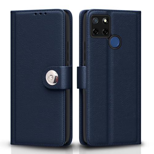 Image of Pikkme Flip Cover Leather Finish | Inside TPU with Card Pockets | Wallet Stand and Shock Proof | Complete Protection Button Flip Case for Realme C12 / Realme Narzo 20 / Narzo 30A / Realme C25 (Blue)