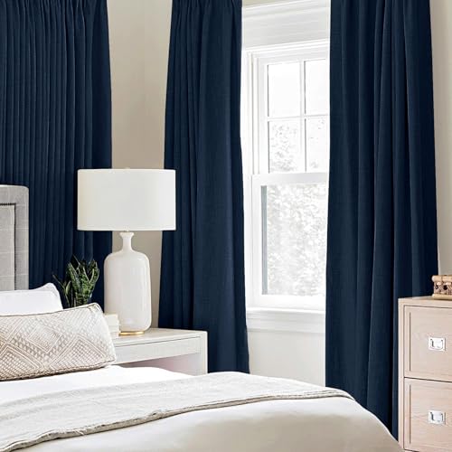 Image of MIULEE Linen Textured Curtains for Bedroom Solid 100% Blackout Thermal Insulated Midnight Blue Grommet Room Darkening Curtains & Drapes Luxury Decor for Living Room 52 x 63 Inch (2 Panels)