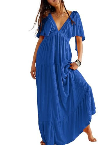 Image of Kikibell Women Summer Dresses Sexy V-Neck Maxi Dress Tiered Silhouette with Flutter Sleeve Backless Elastic Waist Flowy Dress