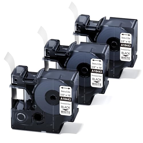 Aonomi - Ruban adhésif permanent en vinyle pour étiqueteuse - Pour DYMO 18445 18444 18443 18433 1805435 1805431 et DYMO Rhino 4200 5200 6000 - Pour étiqueter et plus encore 3/8'' Noir sur blanc