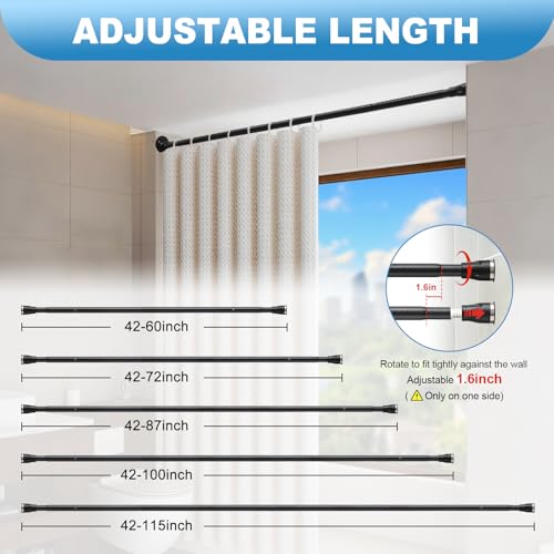 Image of Tension Curtain Rod, 42 to 72 inch Adjustable Heavy Duty black shower curtain rod for bathroom Closet Windows