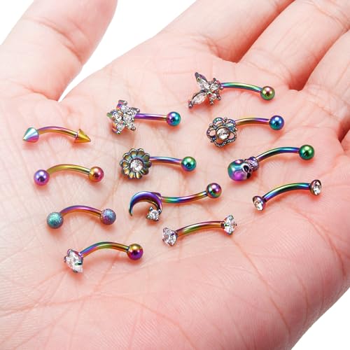 12Pcs 16G Rook Piercing Jewerlry Surgical Steel Eyebrow Piercing Jewelry Flower Crystal Heart CZ Moon Shape Eyebrow Rings Snake Eyes Rook Earrings for Women Men Tongue Retainer,Purple curved Barbell by Oufksiyy - Used condition - US$11.92