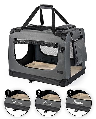 lionto Hundetransportbox faltbar für Reise & Auto, 50x34x36 cm, stabile Transportbox mit Tragegriffen & Decke für Katzen & Hunde bis 10 kg, Hundebox aus Stoff für klein & groß, grau (Namensaufdruck)