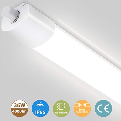 Oeegoo Tube LED 120CM, 36W Plafonnier Eclairage Puissant, IP66 Etanche, 4000LM, Réglette LED Connexion en Série, Lampe de Plafond pour Atelier, Garage, Bureau, Cuisine, Cave, Blanc Neutre 4000K