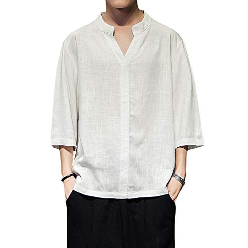 YIMANIE 夏服 メンズ tシャツ 七分袖 綿麻 ゆったり Vネックシャツ 無地 リネンシャツ トップス おしゃれ 快適 カジュアル 涼しい 通勤 軽量 薄手 カットソー