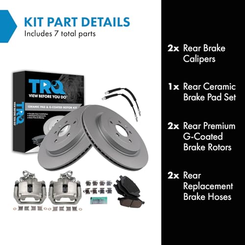 Image of TRQ Rear Brake Pad and Rotor Set Ceramic G Coated Rotors Calipers Compatible with 2013-2014 Ford Flex 2013-2018 Police Interceptor Sedan 2014-2018 Special Service Police Sedan Taurus
