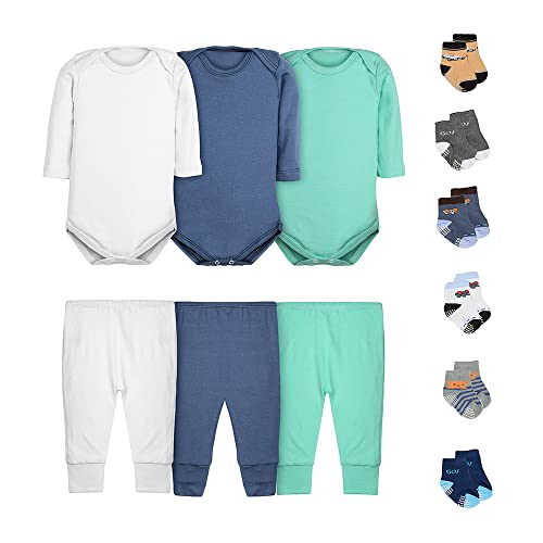 Kit 12 Peças Body Bebê Menino Manga Longa Calça Mijão e Meias Tamanho:P;Cor:Azul