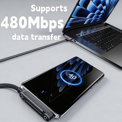 Image of 240W Invisible Stand Fast Charging Cable, 240W USB C to USB C Flat Cable 90 Degree Angled, Sideways Phone Type C Charger Cord (4.9FT) Compatible with iPhone 17 Series (Black)