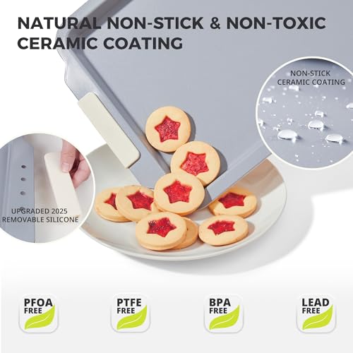 HONGBAKE Non Stick Ceramic Baking Tray Set of 3, Heavy Duty Aluminized Steel Oven Trays - PFOA/PTFE Free Baking Sheets for Oven with Silicone Handles, Professional Bakeware Set - Image 5