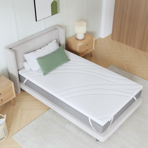 Novilla Topper Viscoelástico 90x190 5 cm, Topper Colchón de Gel, Sobrecolchón Memory Foam Mattress Topper, Topper de Bambú, Cubrecolchón Extraíble y Lavable, Blanco