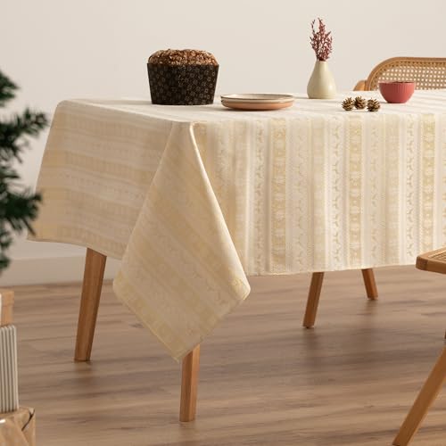 GAMUSI Mantel Navidad Jacquard Hilo Dorado Mesa Comedor Rectangular Decoración Navideña 140x200 cm Color Crudo