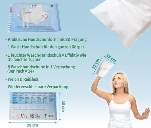 Koryphäe ZVG® feuchte Waschhandschuhe, 24 Feuchte Waschlappen, Einweg Waschlappen, Waschhandschuhe für bettlägerige Patienten Camping Festival Wandern. (3 Packungen, 24 Stück)