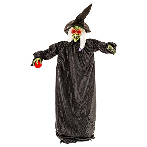 Halloween Haunters 5 foot Animated Standing Wicked Witch with Red Apple Casting Spell and Cackles Prop Decoration - Flashing Red LED Eyes, Black Hat & Green Face, Laughs - Haunted House Entryway Party