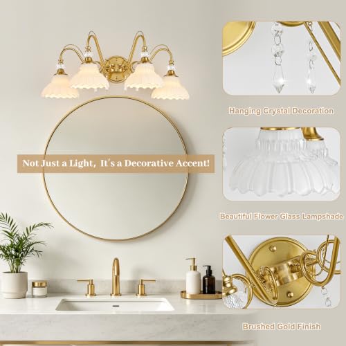 Image of Vintage Bathroom Vanity Light, 4-Light Brushed Gold Finish Wall Sconce with Hanging Crystal Accents and Flower-Shaped White Glass Shades, Retro Wall Mount Vanity Light Over Mirror for Bathroom