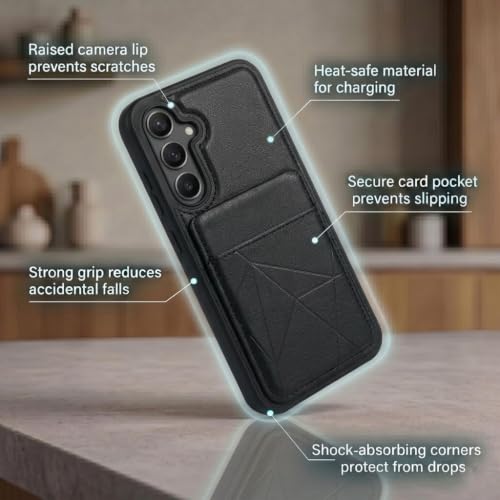 Image of amazon basics Premium Vegan Leather Back Cover with Card Holder and Integrated Mobile Stand for Samsung Galaxy S25 Plus 5G - Slim Shockproof Wallet Case with Geometric Stitching [Black]