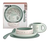 Suavinex, Set Vaisselle Bébé. Coffret Repas Enfant, 5 pièces. Comprend : Assiette + Bol + Tasse + Cuillère + Nappe Antidérapante. 6+ Mois. Durable, Apte pour le lave-vaisselle, Micro-onde. Blanc Vert