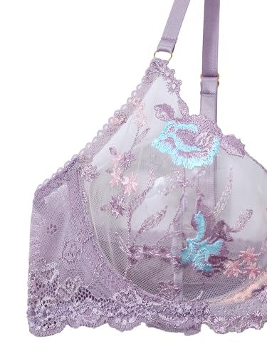 Image of Lilosy Sexy Leaf Floral Embroidered Mesh Sheer Belt Women Underwire Push Up Lingerie Set See Through Bra Panty 3 Piece Bloom Lilac Purple Large