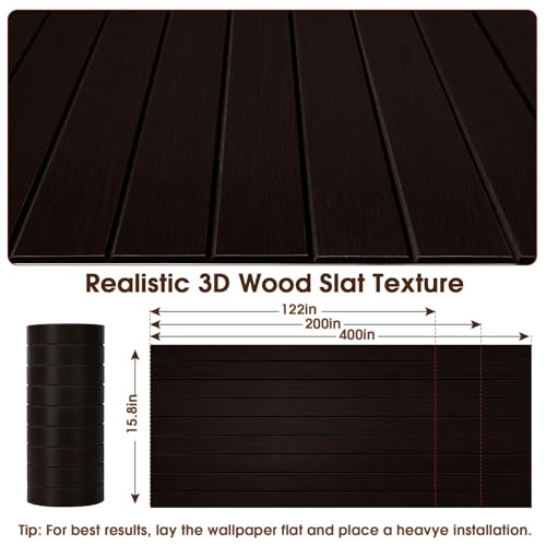 Image of 3D Peel and Stick Wall Panels PVC Grille Slat 197 inchx15.8 inch Self-Adhesive Wall Sticker Soundproof Paneling for Walls and Ceiling in Faux Brown Wood Grain Texture
