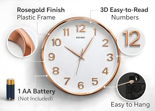 Image of Amazon Brand - Solimo 12 Inches Silent Wall Clock for Living Room Bedroom Office Plastic Easy to Read 3D Numbers Modern Stylish Sweep Movement Wall Clock for Home 1603DX (Rose Gold)