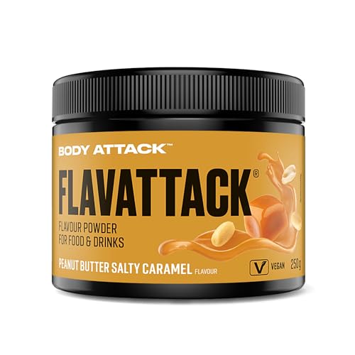 Body Attack Flavattack Peanut Butter Salty Caramel - 250 g, nur 5 kcal/Portion - Intensives Flavour Pulver für Müsli, Rice Pudding, Haferflocken, Drinks, Geschmackspulver ohne Palmöl, Aspartam, Gluten