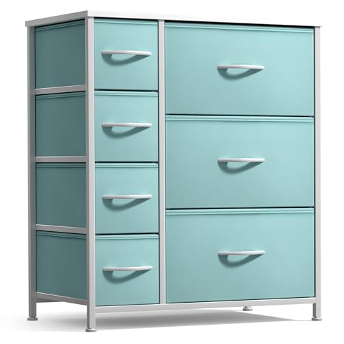 Sorbus Dresser with 7 Drawers - Furniture Storage Chest for Kid’s, Teens, Bedroom, Nursery, Playroom, Clothes, Toys - Steel Frame, Wood Top, Tie-dye Fabric Bins (7-Drawer, Pastel Aqua)