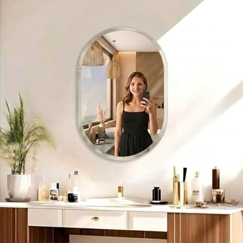 Image of Creative Arts n Frames 14x20 inch 5mm Thick Beveled Smooth Edges Frameless Wall Mount HD Mirror Home Office Hotel Decor for Living Restroom Bedroom Bathroom (Capsule Shape 14x20 inch HD Mirror)