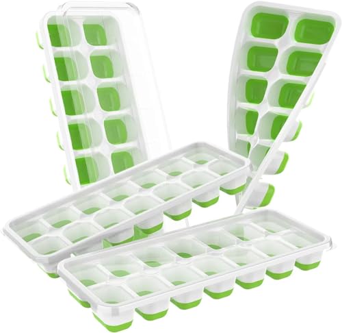 Ice Cube Tray with Lid, 4 Pack Stackable Ice Cube Trays for Freezer，Easy-Release Plastic & Silicone Ice Tray for Cocktail, Coffee