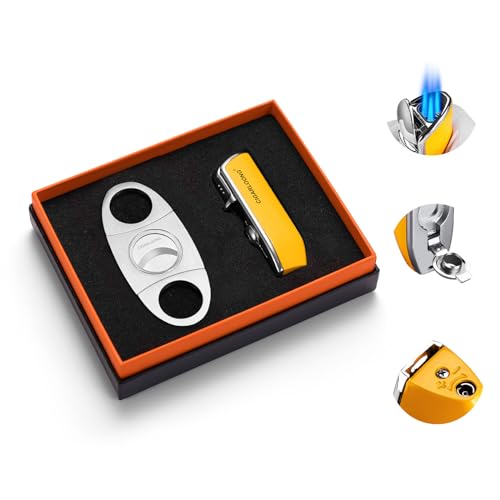 CIGARLOONG Juego de cortador de puros y encendedor, guillotina simple de doble hoja y 3 antorchas de chorro de llamas azules, encendedor recargable, regalo para hombres (amarillo)