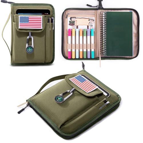 Handbook Book Cover Compatible with BoyScoouts Handbook with Amercan Flag Patch and Compass - Book Sleeve - Handbook Protector for Boys Girls