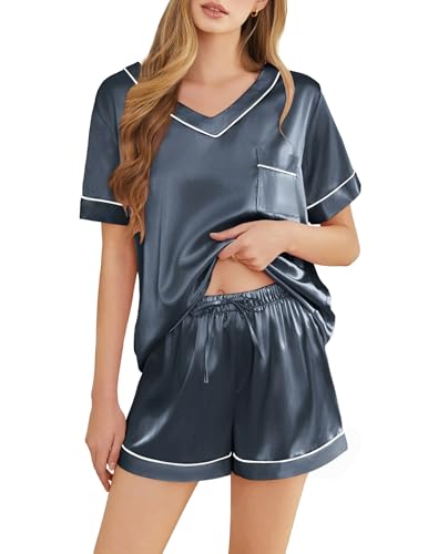 Image of Silk Pajamas for Women Short Sleeve Satin 2 Piece Pj Set Soft V Neck Sleepwear Loungewear, S-XXL