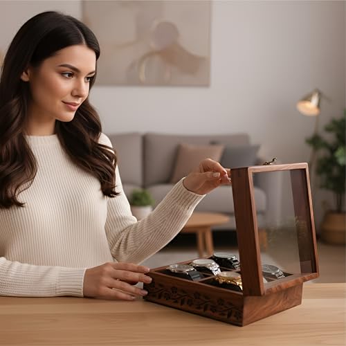 Image of Vintage Wooden Watch Box for Men, Timepiece Storage & Organizer, Watch Display Case, Jewelry Box for Women, Anniversary Gift for Husband (6 Grooves Engraved (Rosewood))