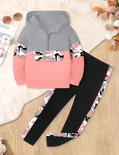 Toddler Girl Clothes Camo 2 Piece Little Girls Clothes Half Zip Up Hoodies Color Block Outfits Sweatshirt Pant Sets