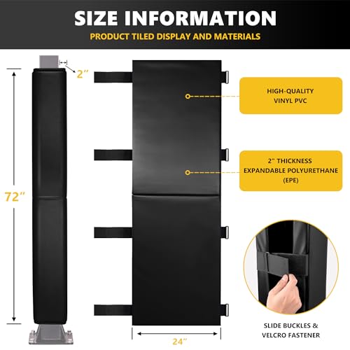 Image of 72 inch Tall Basketball Pole Pads, All-Weather Square Basketball Pole Padding Outdoor, 2 inch Thick Heavy Duty Wrap-Around Protective Pads for Fixed Height & Adjustable Basketball Hoop Poles