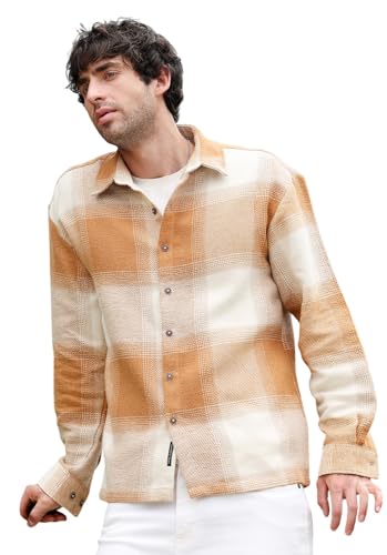 Image of CAHOOT Men's Vignette Checkered Oversized Shirt | Spread Collar, Long Single Button Cuff Sleeves | Button, Straight Hem | Plaid Twill | Woven Fabric for Casual Tan Brown:Off White