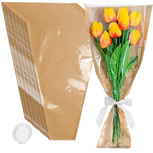 Tallsocne 50 hojas de papel de regalo de flores + cintas de 72 pies, papel de regalo de ramo de papel kraft, fundas impermeables para ramo de flores, bodas, cumpleaños, aniversarios, día de la madre.