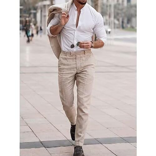 Men's Linen Casual Suits Retro 2 Piece Wedding Suit Tuxedo Slim Fit Summer Beach Groomsmen Blazer Jacket Pants Set2