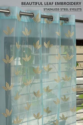 Image of IVAZA Polyester Semi-Transparent Leaf Embroidered Curtain ? Sheer Voile Panel with Eyelets ? Lightweight & Airy ? Ideal for Living Room, Bedroom, Balcony Window- 5 Feet (Pack of 1) Firozi